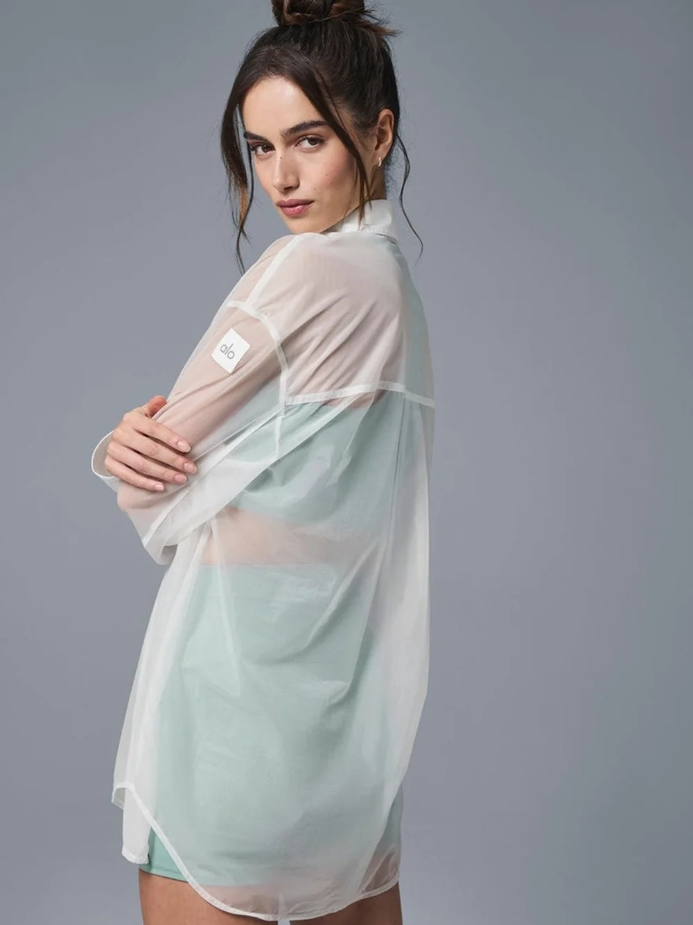 ALO Yoga Sheer White Cropped Button-Down Shirt - Picture 2 of 7